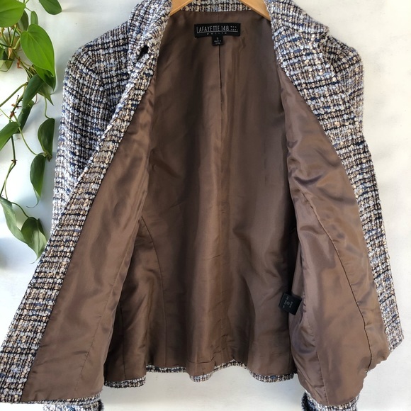 Lafayette 148 tan and blue boucle blazer size 6P - Picture 3 of 8